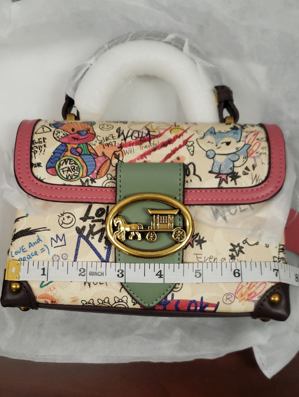 Graffiti Print Top-Handle Satchel with Green Accent